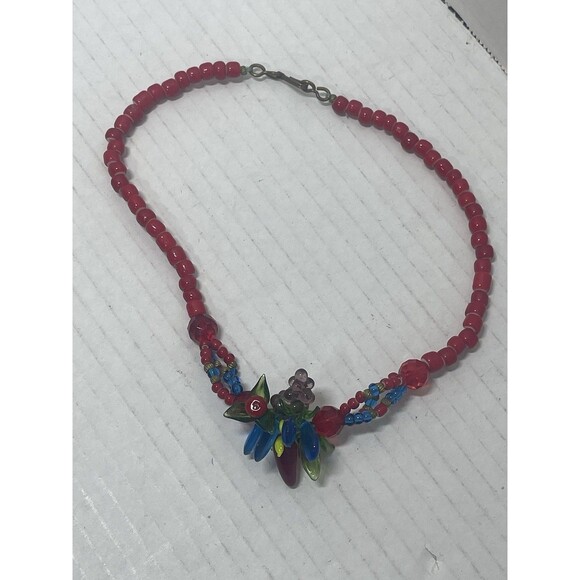 Vintage Tutti Frutti Fruit Salad Red Glass Bead Necklace Floral - Picture 1 of 6